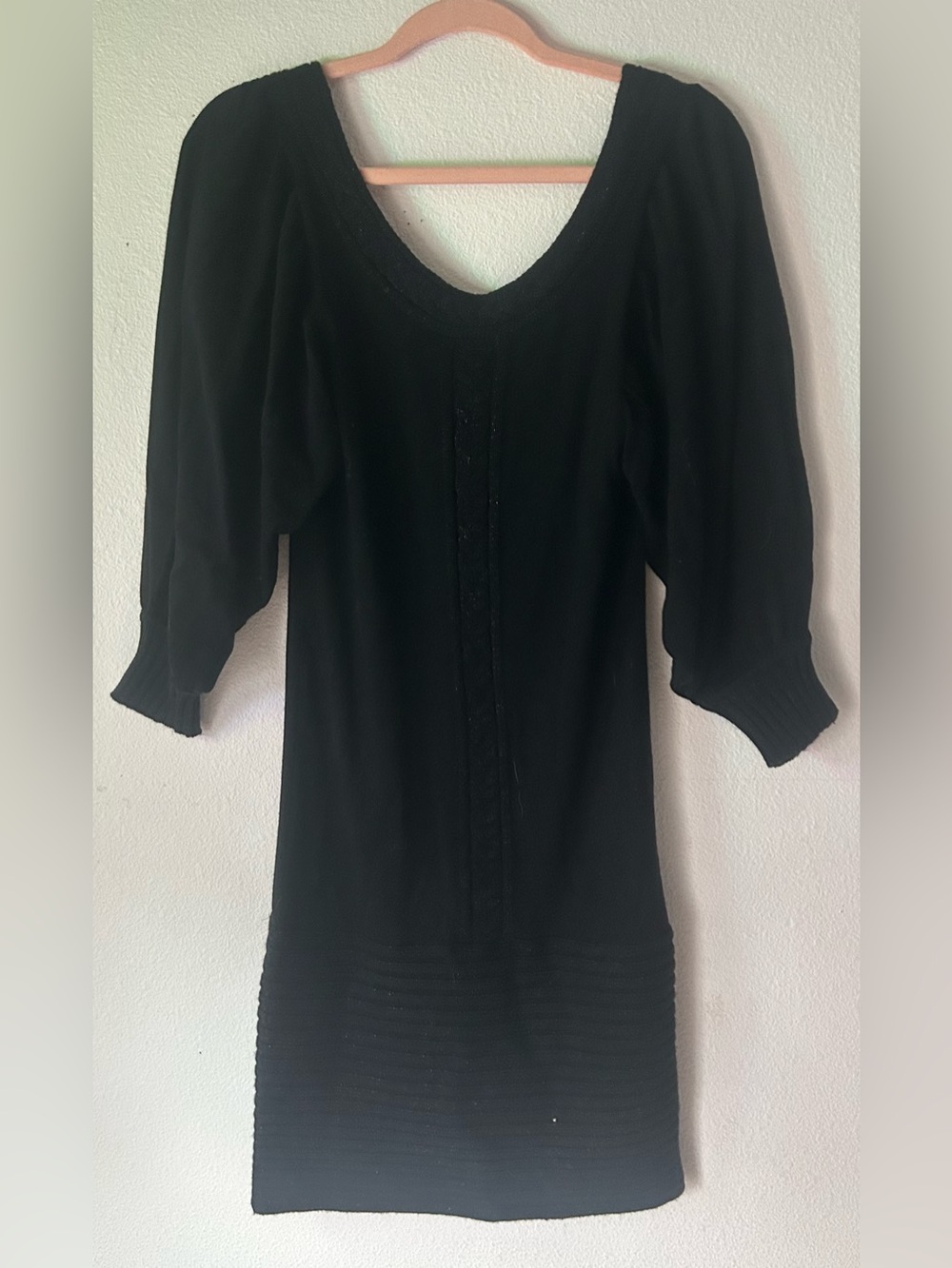BeBe Black V-Neck Puff Sleeve Sweater Dress
